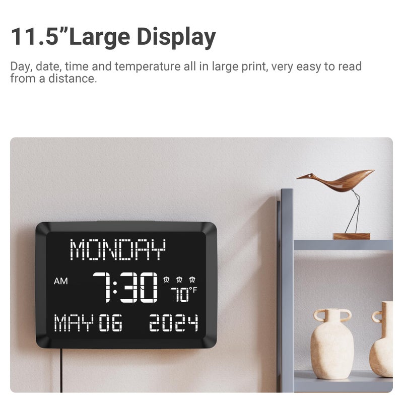 Mesqool 11.5â€ Digital Wall Clock with Date,Time,Week,Indoor Temperature,3 Alarms,5 Dimmer,2 USB Chargers,Battery Backup,Snooze,12/24H for Elderly,Parents,Impaired Vision,Dementia,Memory Loss,Office,Bedroom - Image 2